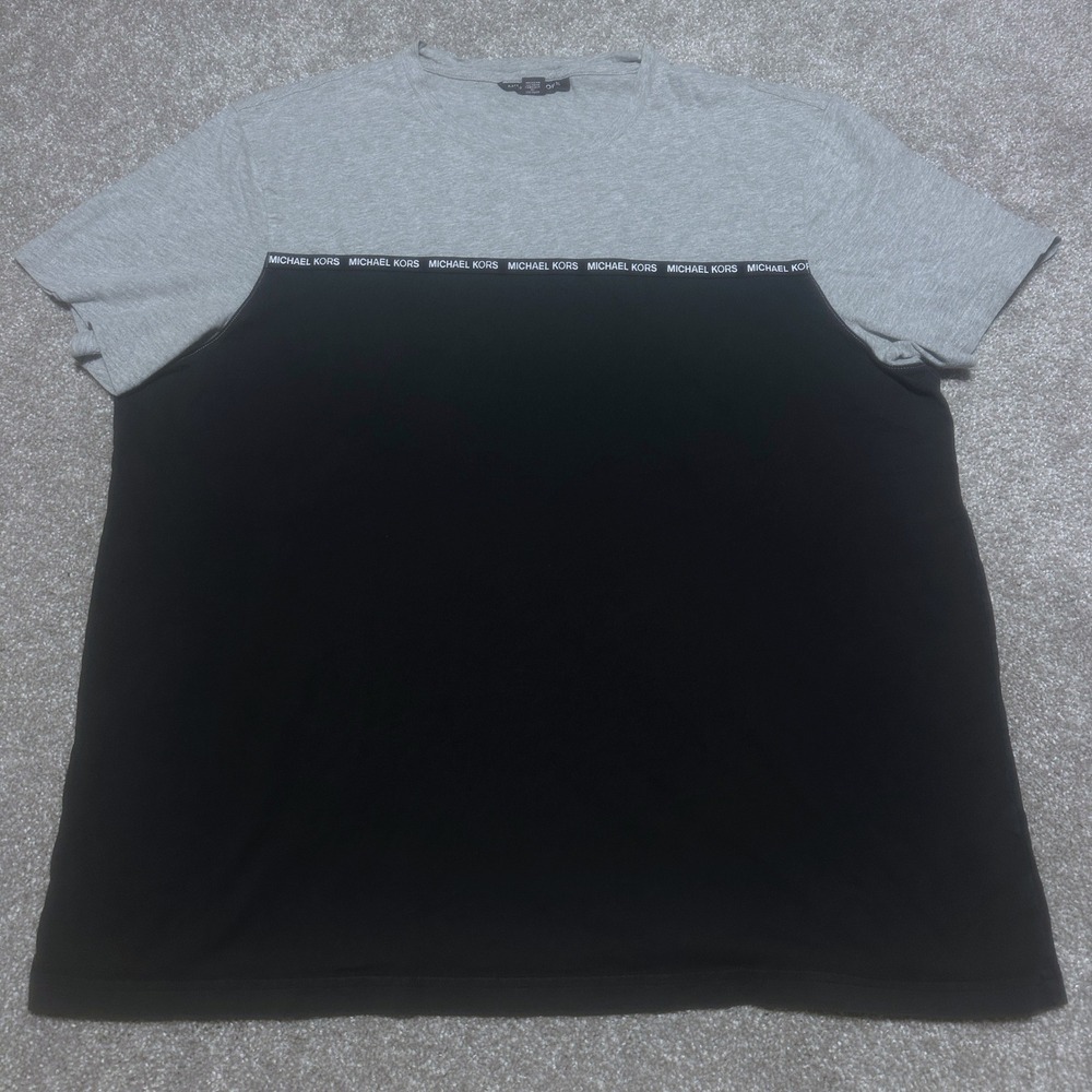 Michael Kors Mens XL Logo Tape Color Block Graphic Tee Black Gray Designer